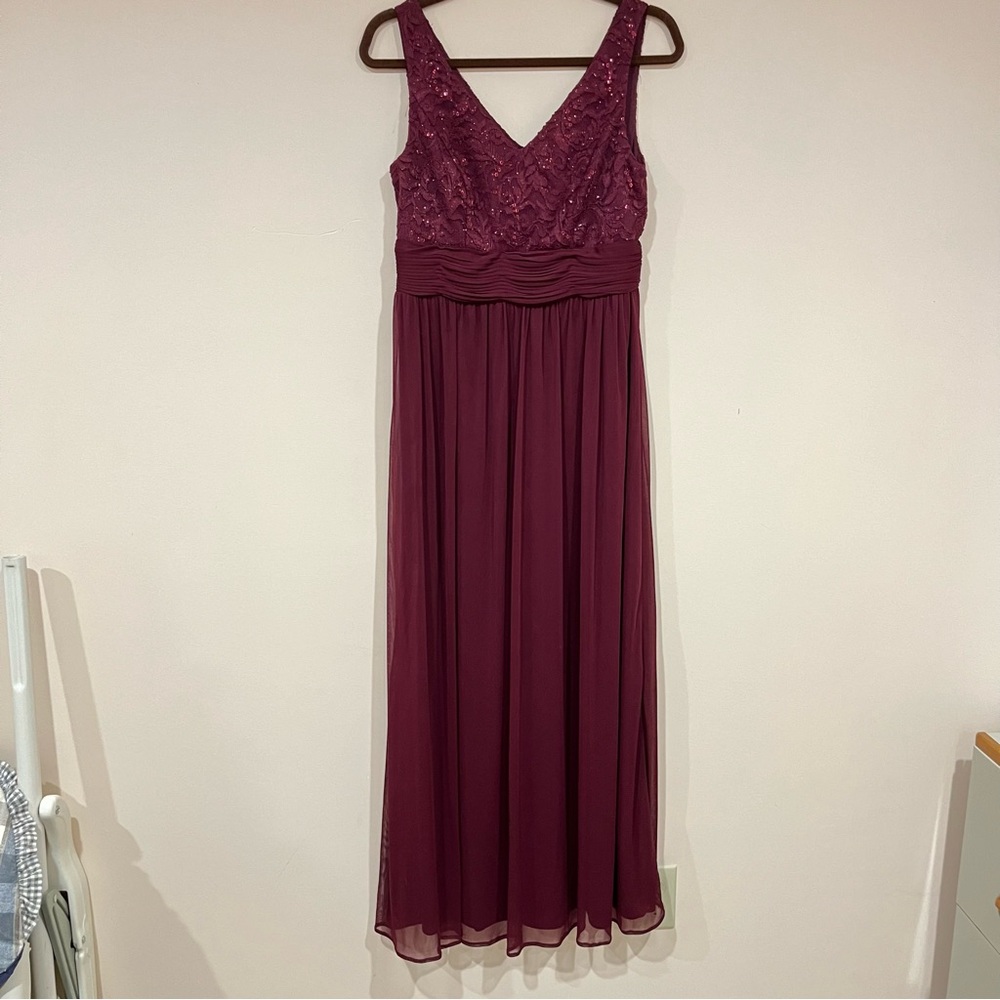 rouge floor length bridesmaid dress with lace and sequined bodice